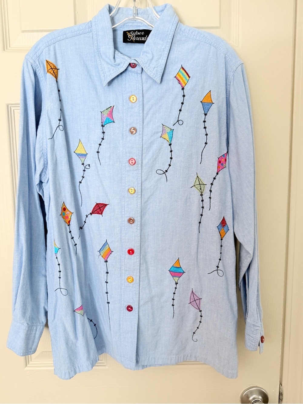 Vintage Silver Threads Light Blue Embroidered Kite Button-Down Shirt